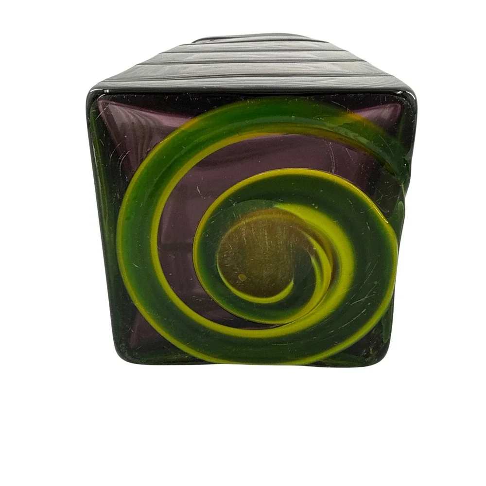 Unsigned Art Glass Vase Unisex OS Purple Green Spiral Ribbed Rectangular Tall